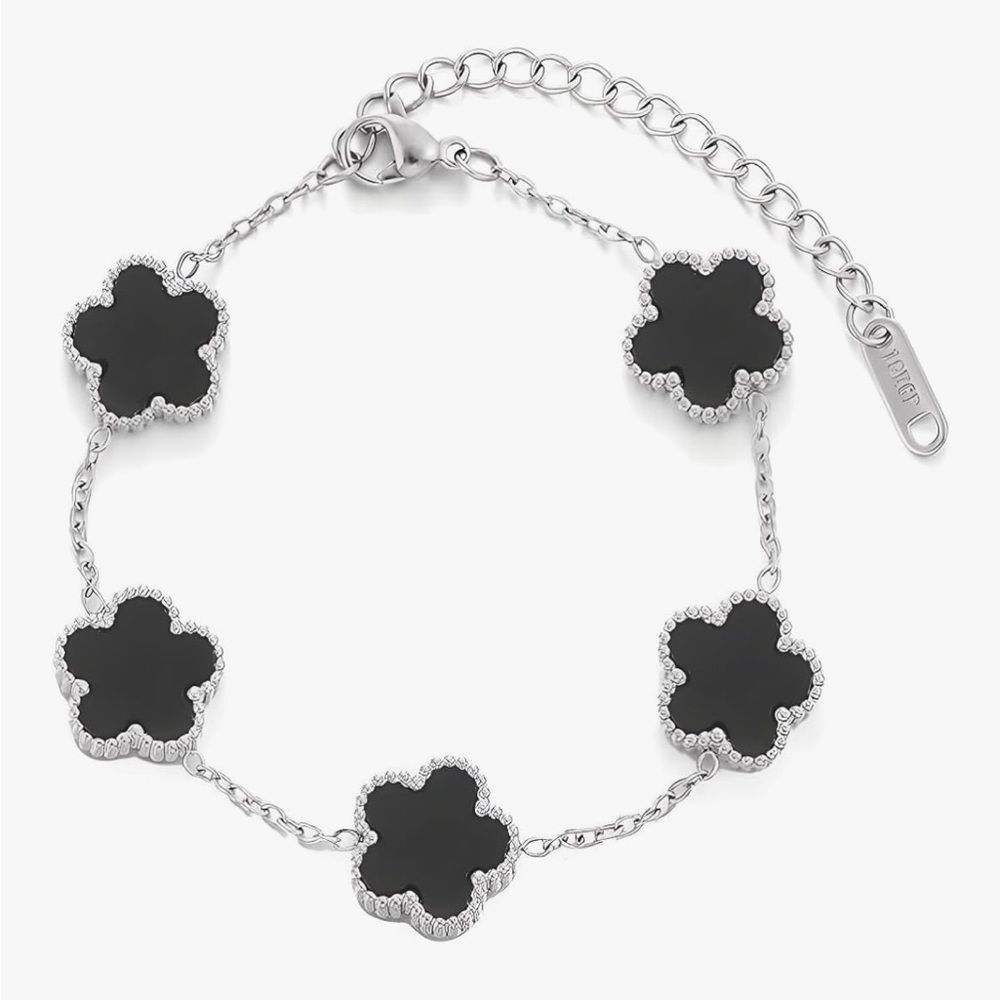 18k White Gold Four Leaf Clover Charm Bracelet Black Van Cleef Style Alhambra